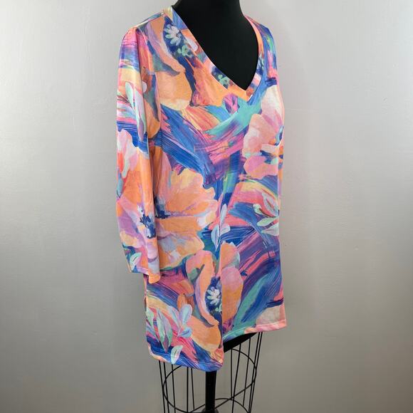 Soft Surroundings Felisa Tunic Top Pink Blue Watercolor Abstract Floral 2FD74 L - Picture 2 of 6